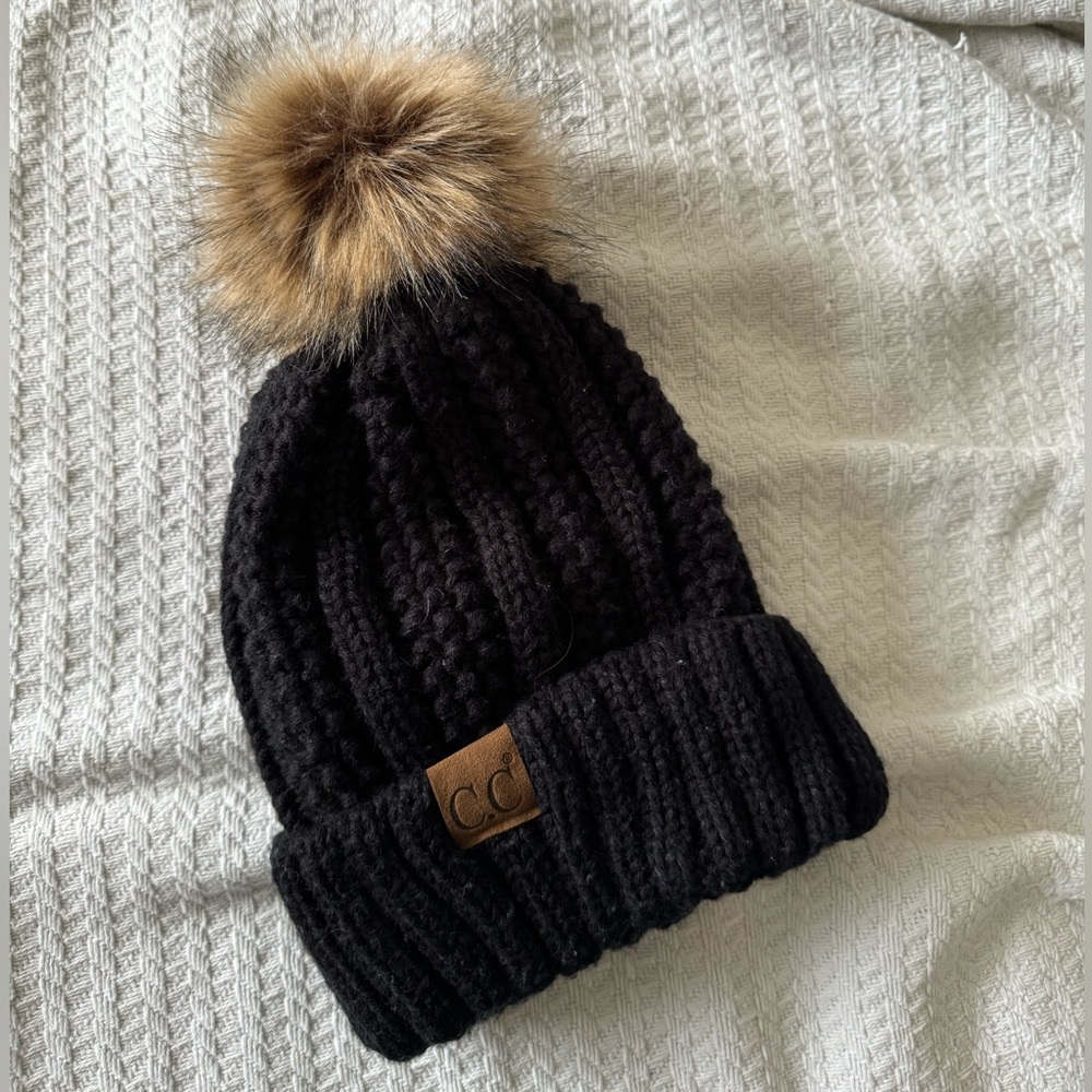 Black Fluffy CC Winter Beanie Hat
